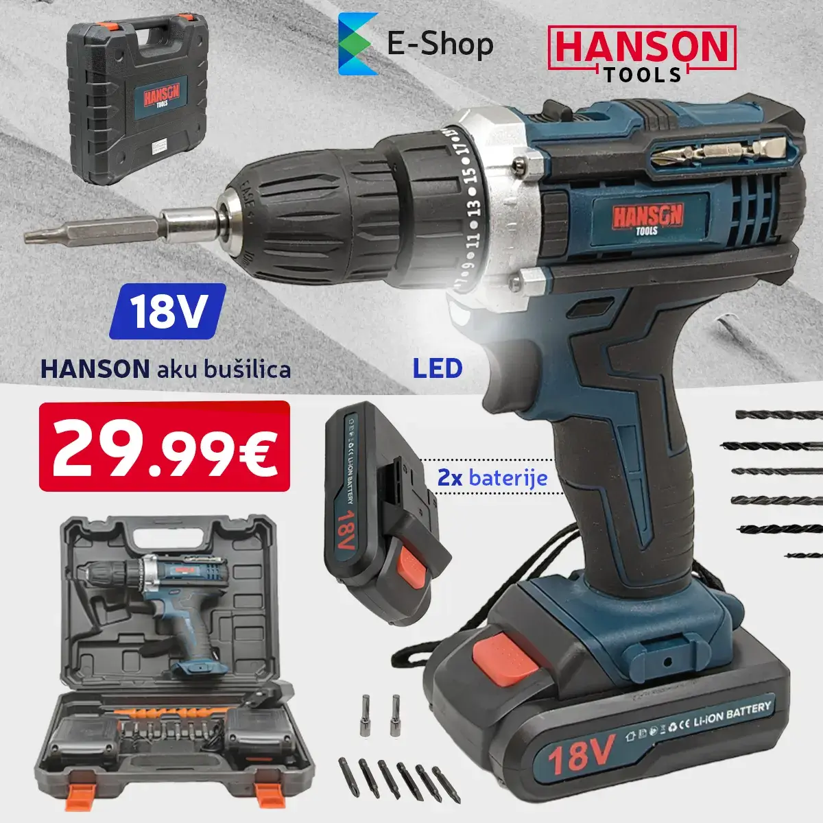 Hanson Aku Bušilica 18V + Set Alata