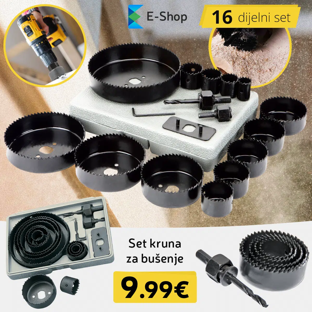 16-Dijelni Set Kruna Za Bušenje Drveta I Plastike