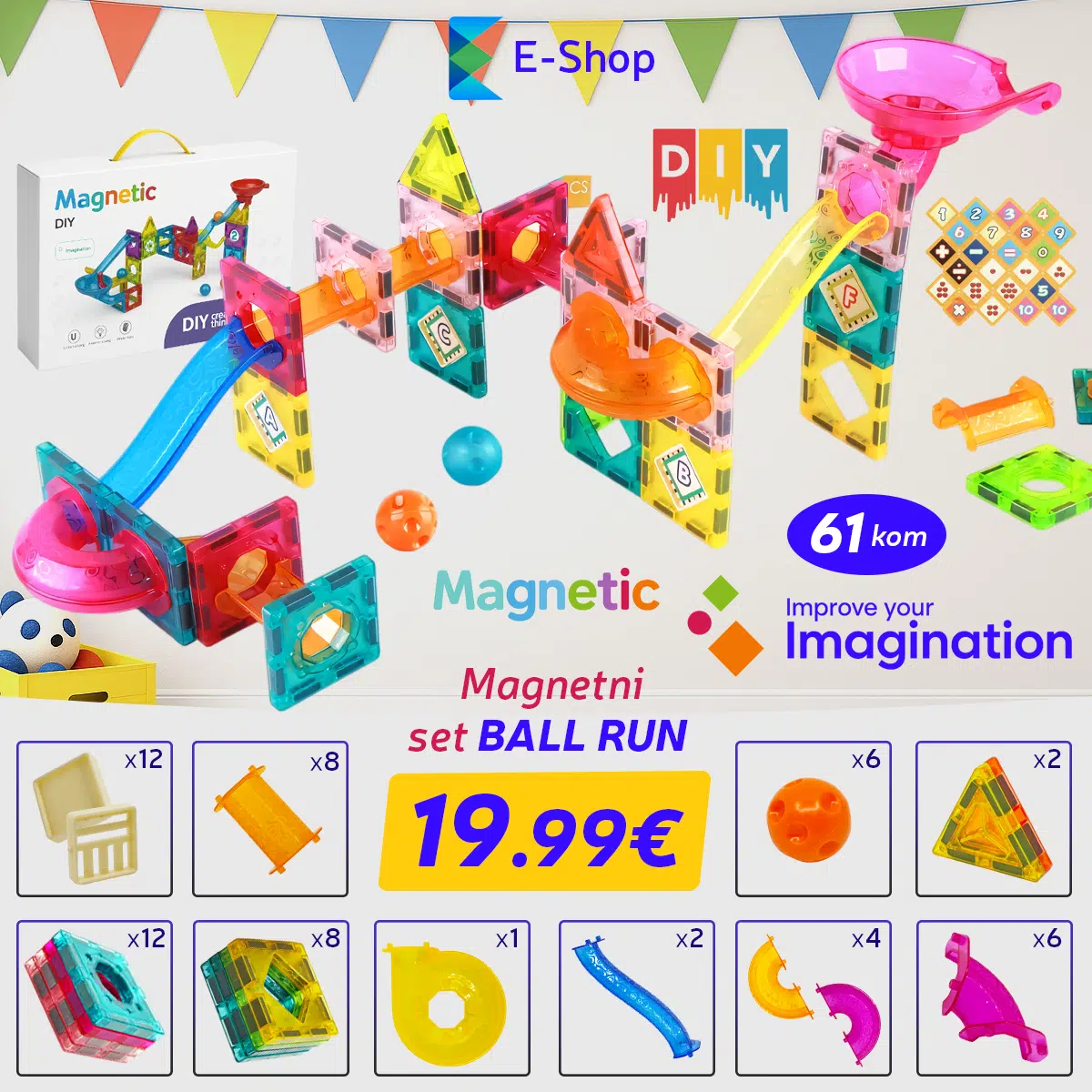 61-Dijelni set magnetnih pločica-Ball Run