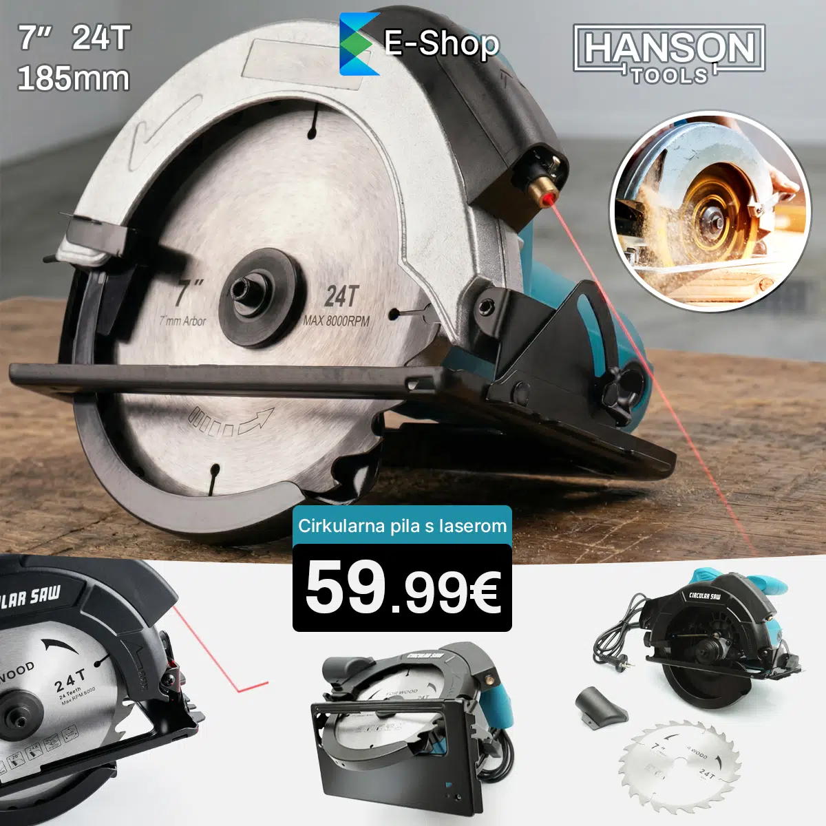 Cirkularna pila za drvo sa laserom- 185mm