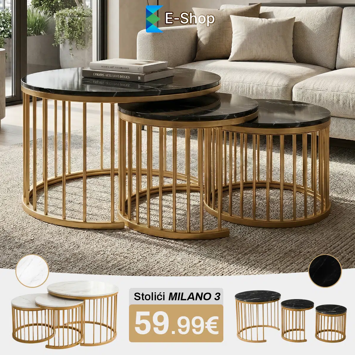 Stolići za kavu imitacija mramora "Milano"- 3 komada