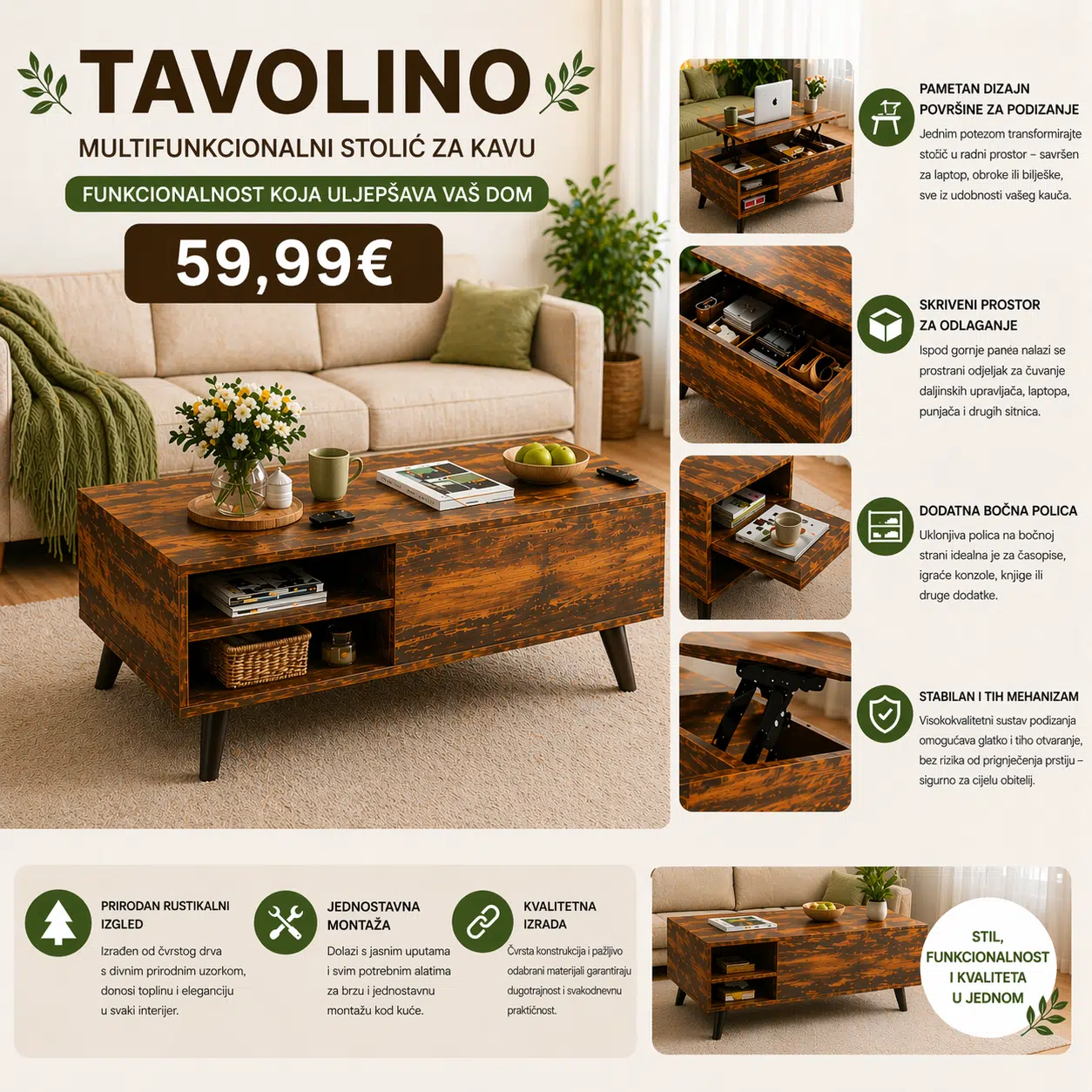 Multifunkcionalni drveni stol  za dnevnu sobu-Tavolino