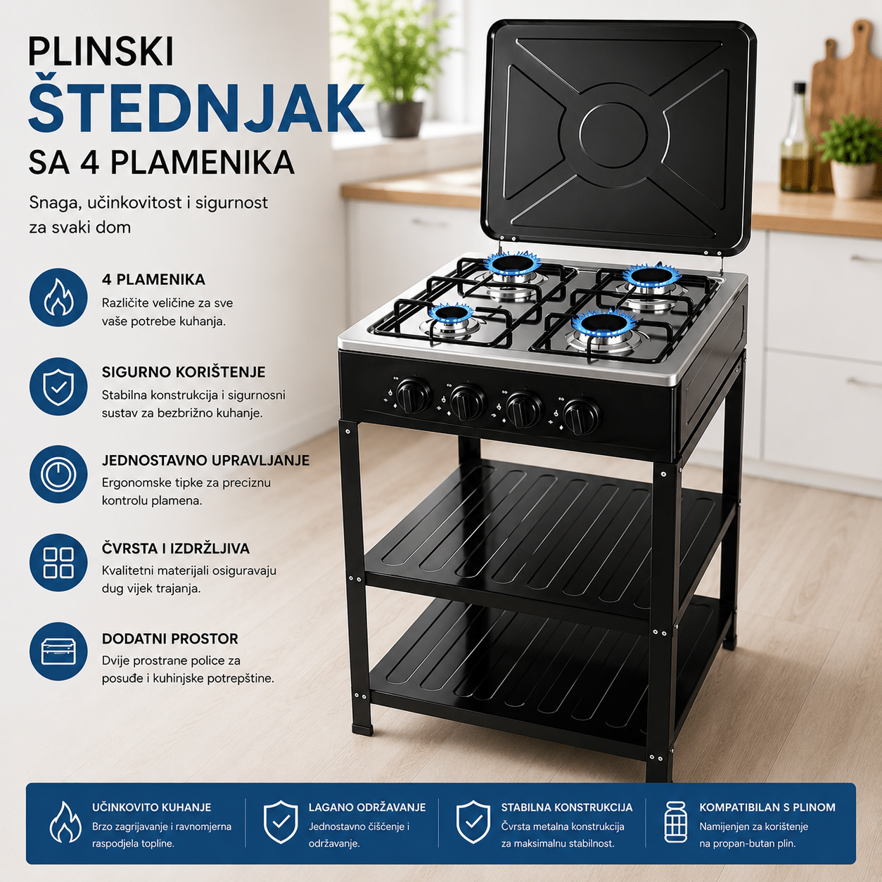 Plinski štednjak sa 4 plamenika