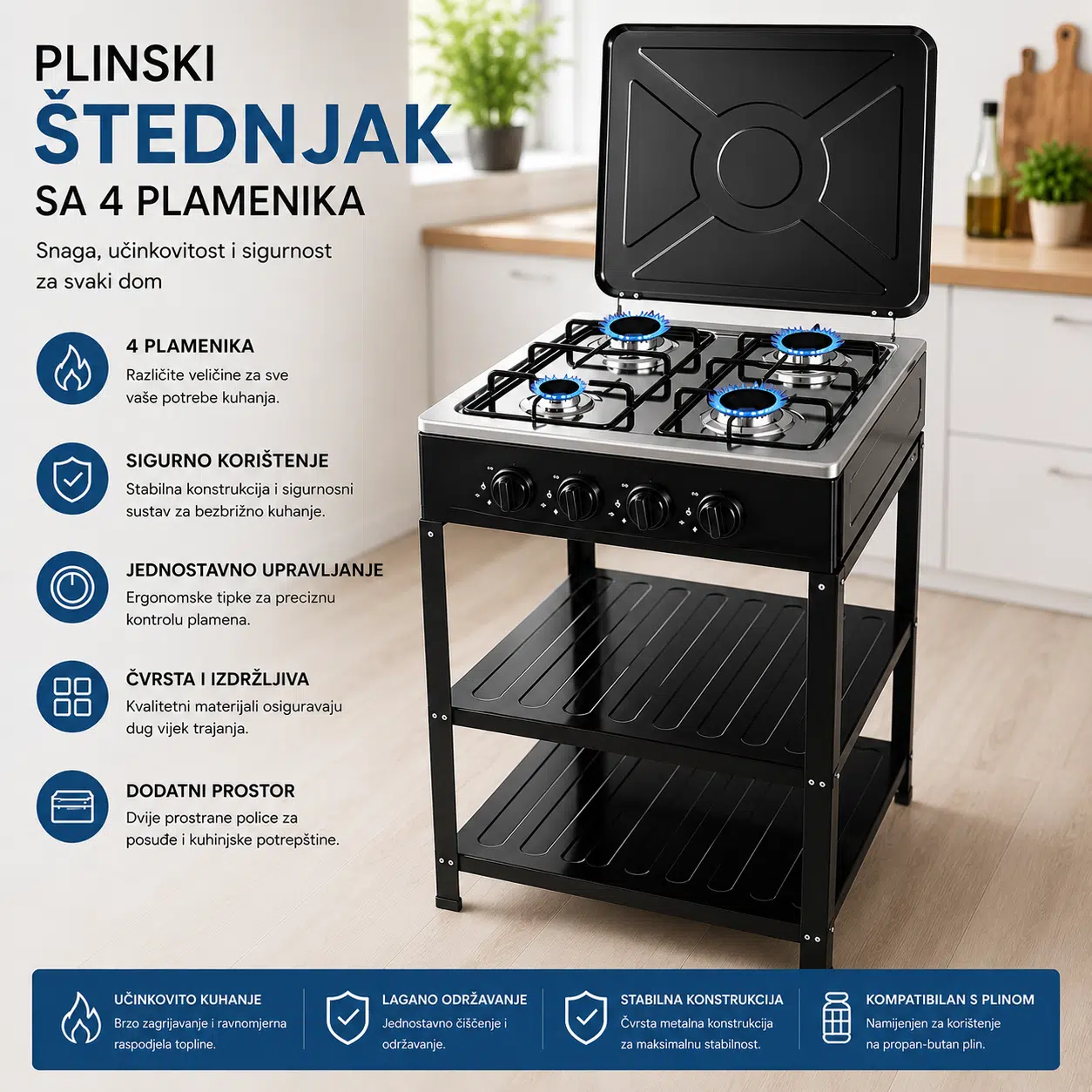 Plinski štednjak sa 4 plamenika